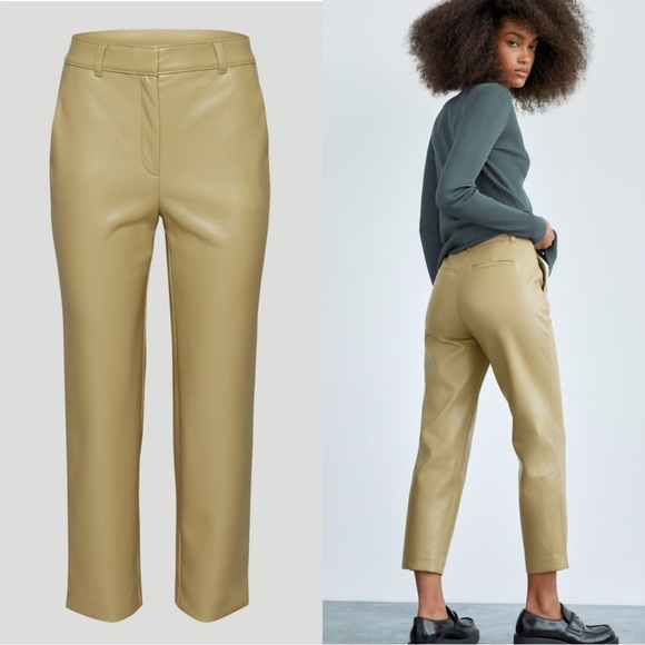 NEW Babaton Aritzia Vegan Leather Beige Taupe Straight Crop Pants 10 - Picture 1 of 9